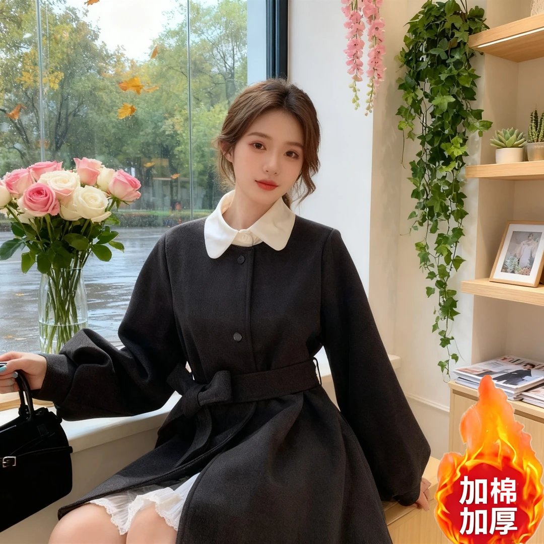 【有运补】秋冬夹棉加厚毛呢外套女小个子大码宽松系带灯笼袖风衣裙