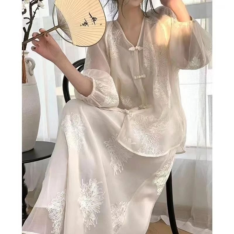 新中式国风穿搭白色上衣女春夏2025年新款禅意仙气薄外套三件套装