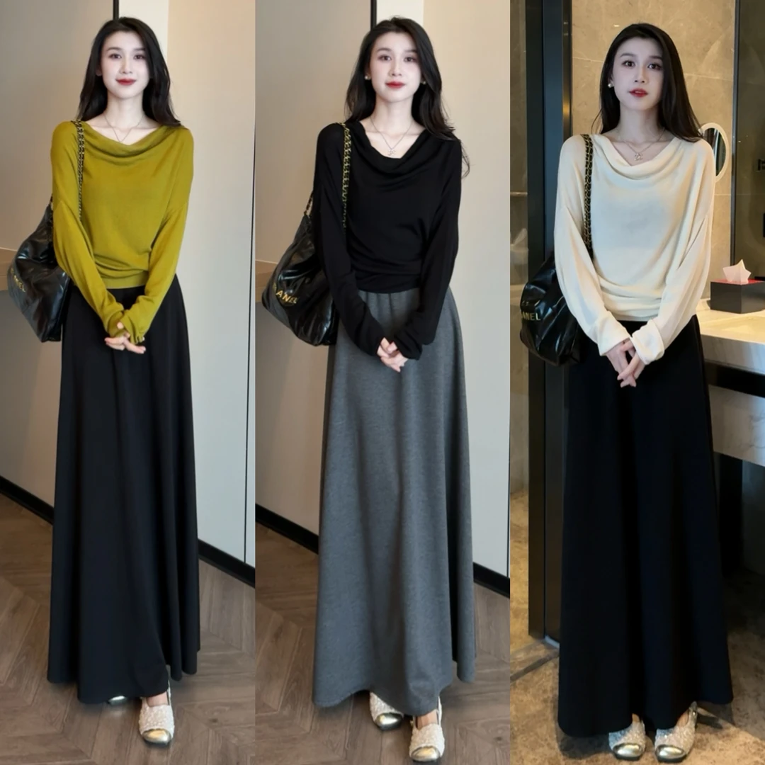 2025高级感荡领斜肩一字肩上衣轻柔透气高腰遮跨A字半身裙两件套