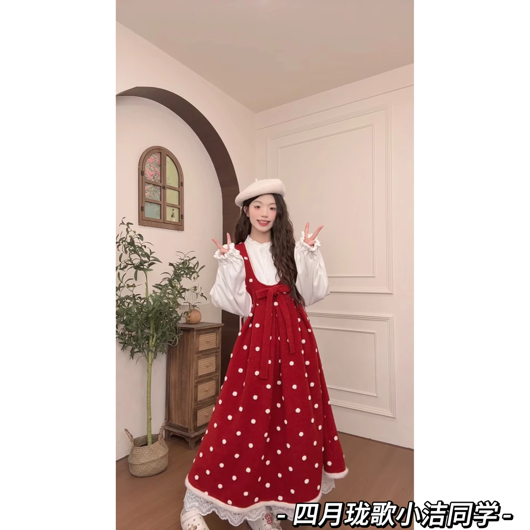 四月珑歌原创-新年限定胖MM宽松波点毛呢加厚背带裙4571