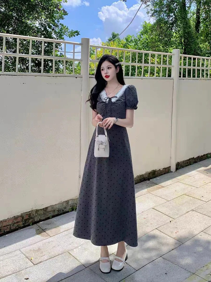 (80-200斤)灰色短袖长短款连衣裙女夏季梨形收腰设计感波点裙1750