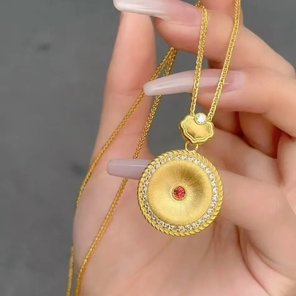 铜合金项链 爆款拉丝如意平安扣项链饰品古法镶钻锁骨链（赠礼盒）