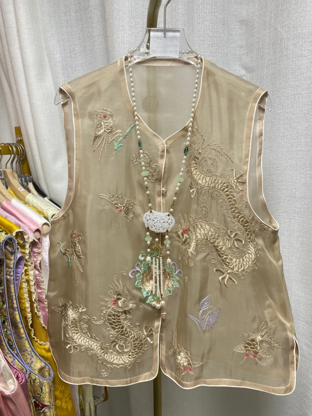 新中式国风刺绣真丝欧根纱马甲背心2025夏季新款桑蚕丝上衣A-522