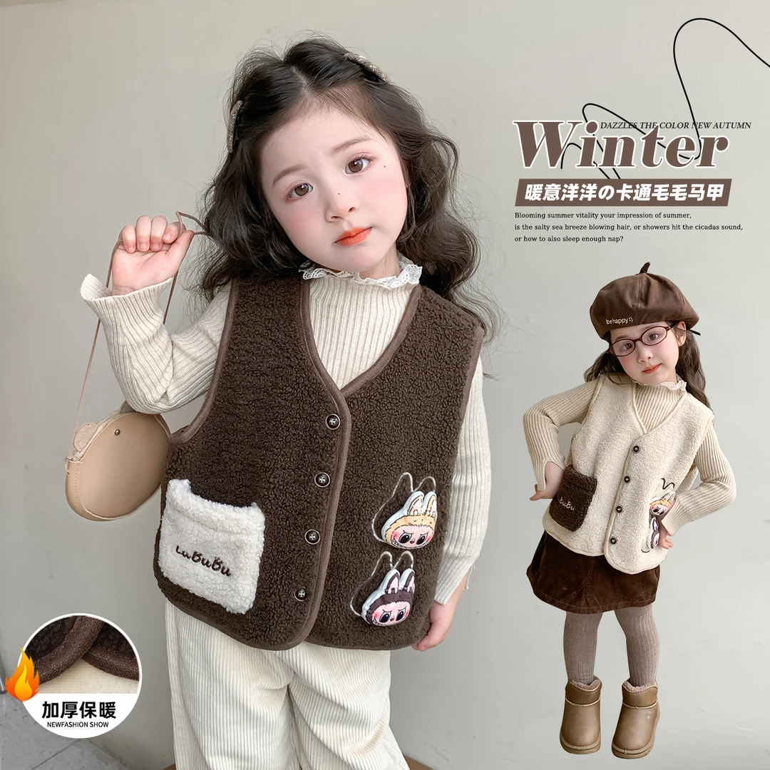 女童拉布布马甲秋冬款加厚羊羔绒上衣女宝宝马夹背心外穿冬装坎肩