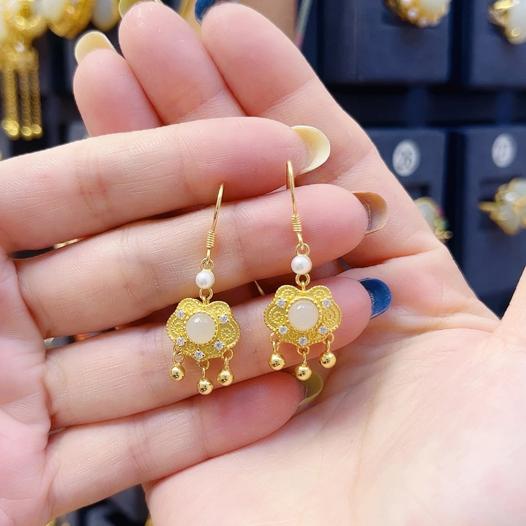 和田玉银S925镀金镶嵌耳饰