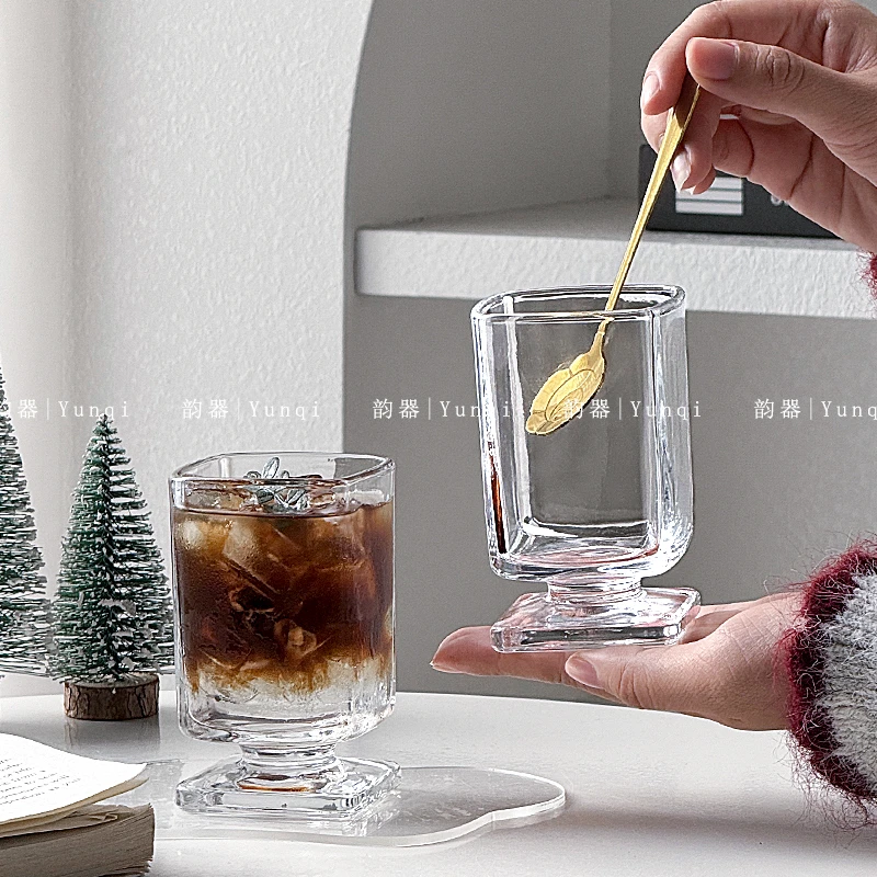 韵器ins风玻璃杯果汁杯透明家用水杯矮脚方杯咖啡奶昔甜品饮品杯