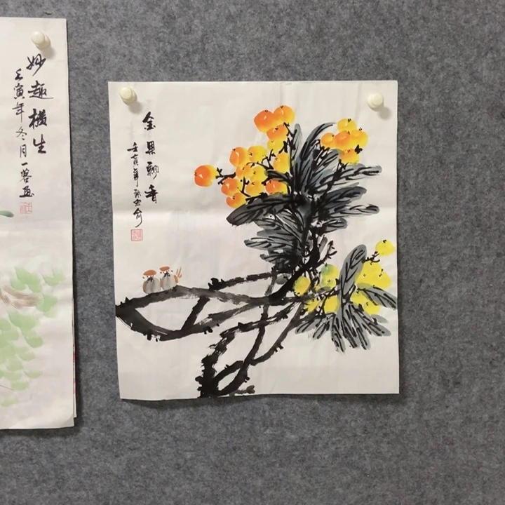 国画金果飘香50厘米斗方