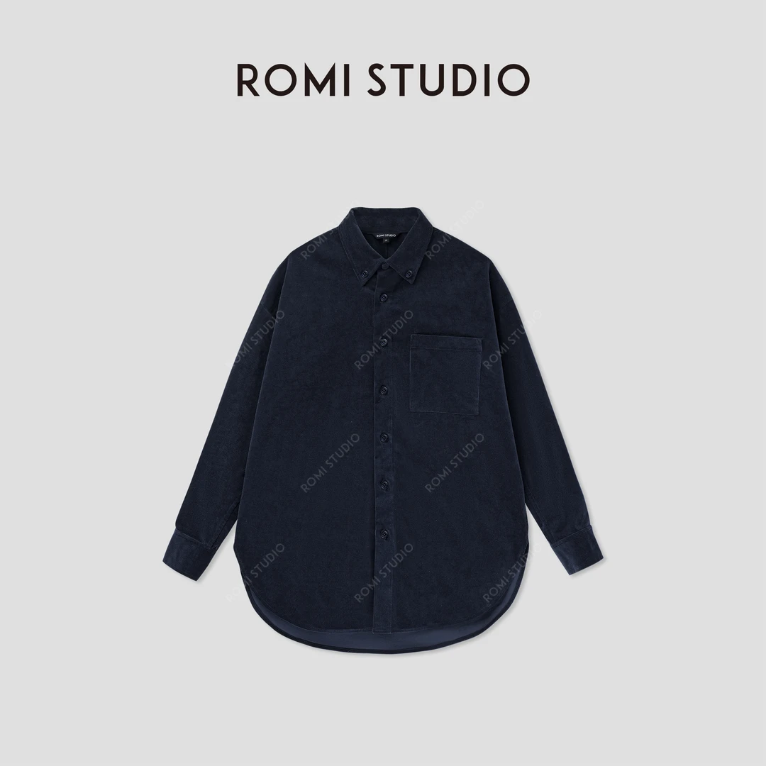 ROMI STUDIO“美拉德”休闲立体裁剪茶棕色灯芯绒长袖衬衣 23AWW011