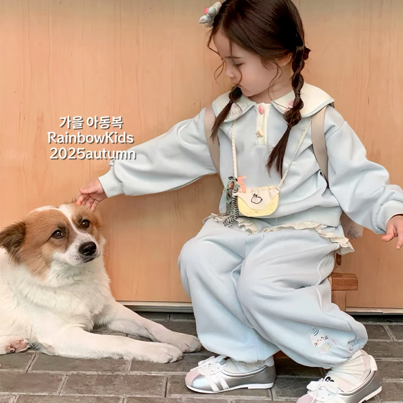 【彩虹家】2025秋款韩版女童蓝色兔耳朵休闲套装-66180