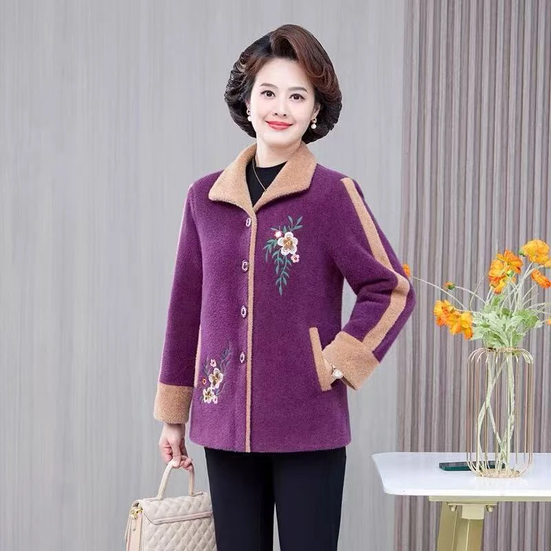 7918-妈妈冬装绣花外套女装加绒加厚毛呢大衣减龄棉服