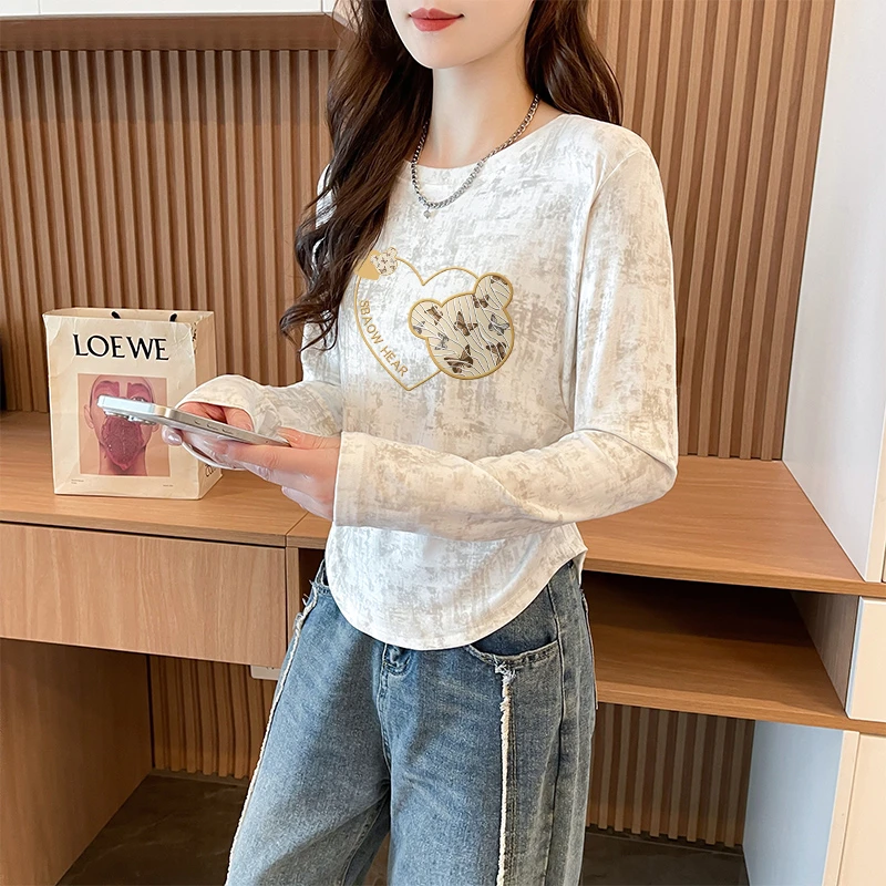 扎染褶皱收腰长袖打底衫T恤女2025早秋季韩版时尚修身显瘦上衣ins