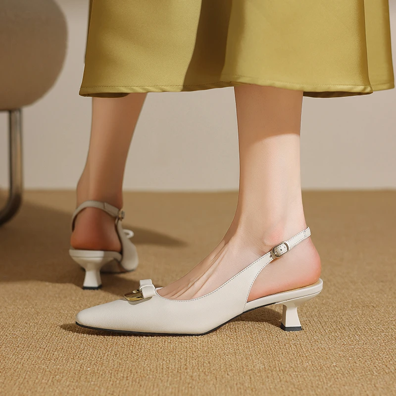 4.5cm夏季后空尖头高跟鞋女细跟甜美蝴蝶结气质包头凉鞋