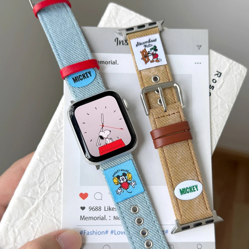 适用苹果手表带ApplewatchS11米奇牛仔布拼皮iwatch98se2创意小众