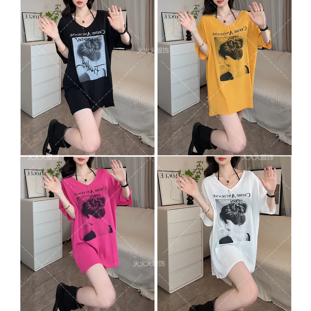 V领大版宽松型印花短袖T恤女夏季新款休闲慵懒风薄款遮臀上衣6851