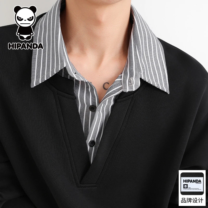 Hi Panda你好熊猫秋冬季潮牌假两件翻领卫衣男士宽松百搭休闲上衣