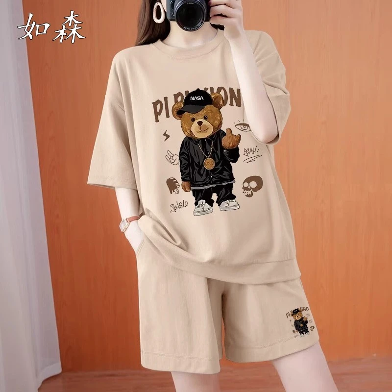 夏季贵系短袖短裤套装女2025新款爆款宽松显瘦爆款小熊时尚两件套