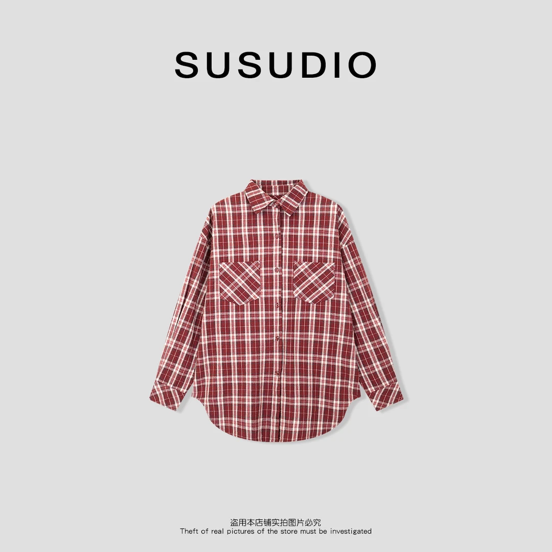 SUSUDIO② 设计款100棉时尚休闲红格衬衫70154