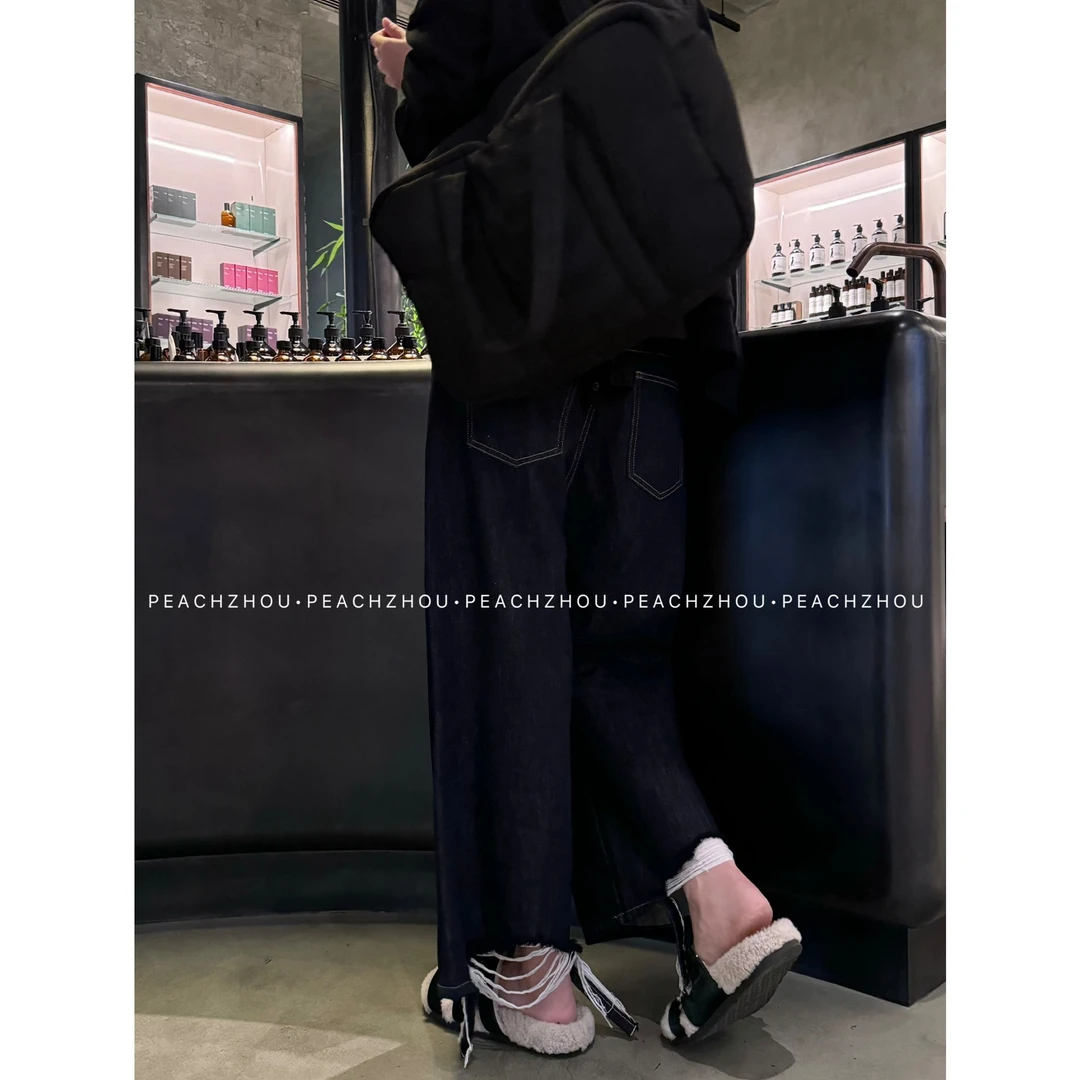 『PEACHZHOU』丹宁破坏脚口调节腰头宽松直筒牛仔裤休闲百搭九分裤