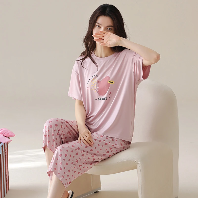 夏季女士休闲拉架棉短袖七分裤睡衣套装家居服可外穿