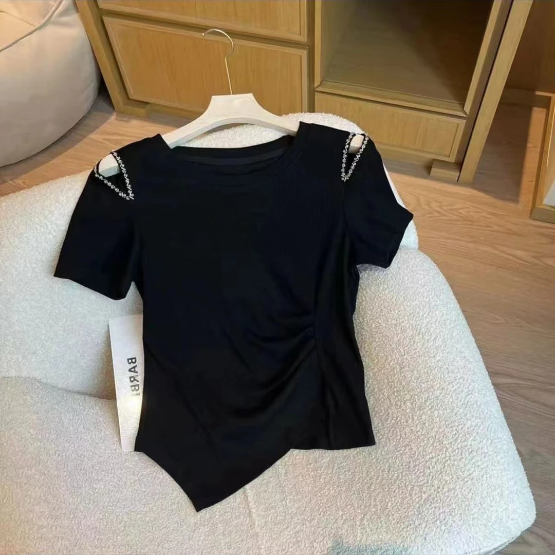 夏季褶皱收腰小众短袖露肩T恤显瘦上衣