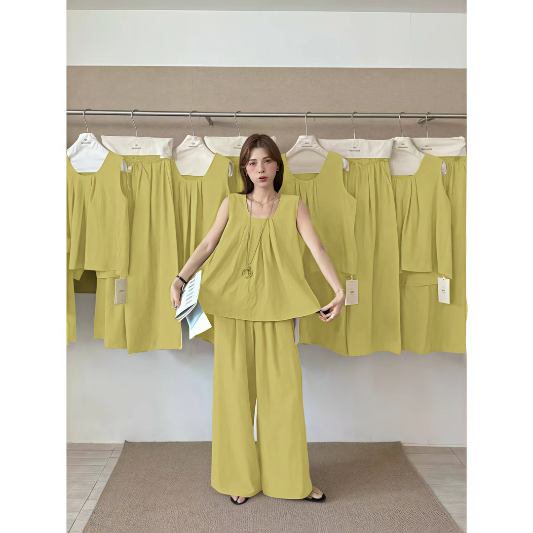 D&Q STUDIO压褶韩系后开衩无袖小衫+松紧腰百搭休闲裤套2532