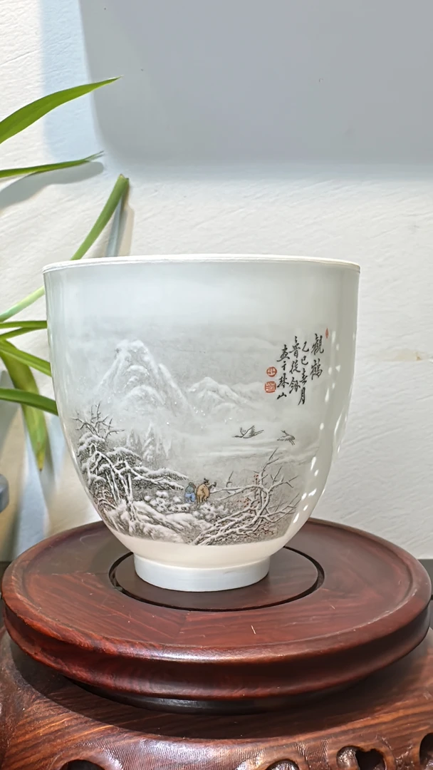 薄胎工艺陶瓷大号高档主人杯粉彩雪景玲珑杯