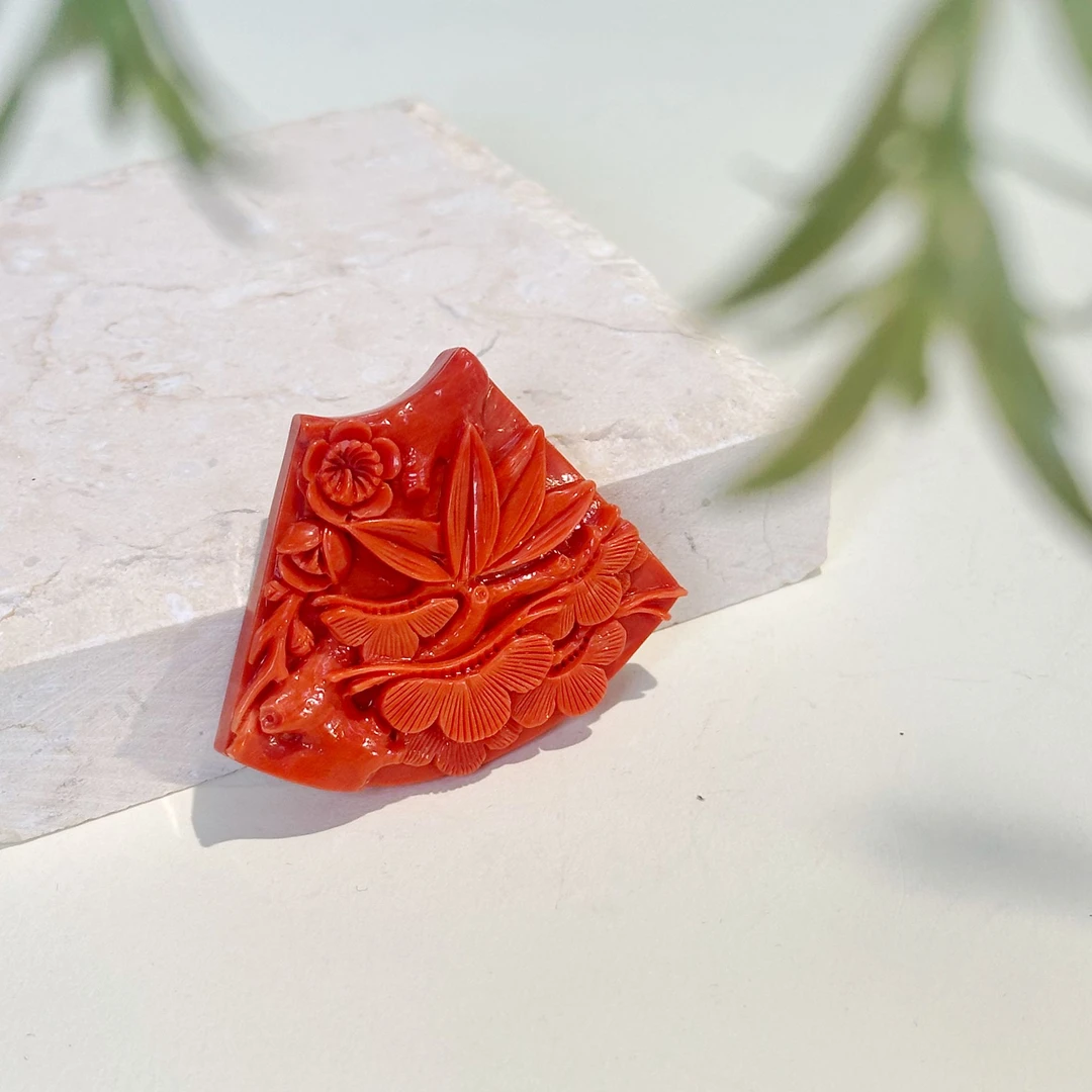 天然momo珊瑚“梅竹”雕刻件23.93g——105005