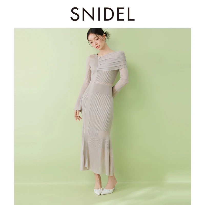 SNIDEL2025春夏新品气质斜肩透肤包臀鱼尾针织连衣裙SWNO251143