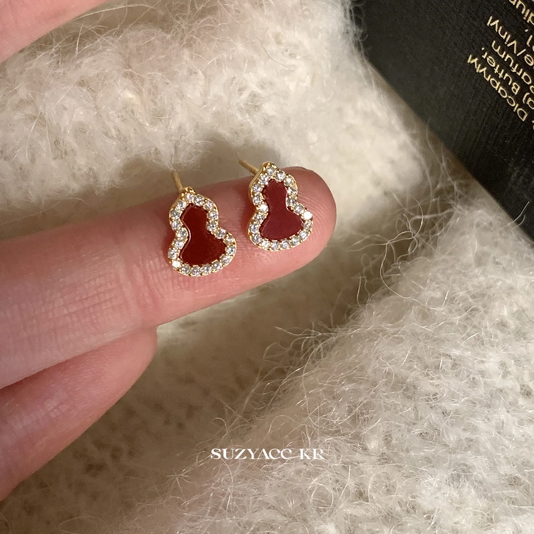 Suzyacc Kr 925银合成锆石耳饰 【红福禄】新年红色葫芦耳钉E2815
