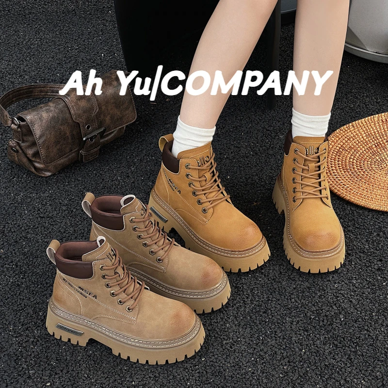 真皮厚底增高大黄靴马丁靴女2025秋季新款英伦风时尚短靴机车靴潮