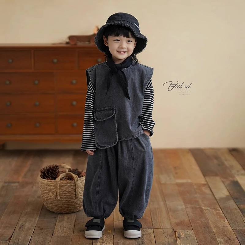 砚台家日系男童牛仔套装新款儿童马甲牛仔裤两件套ST-牧子牧童