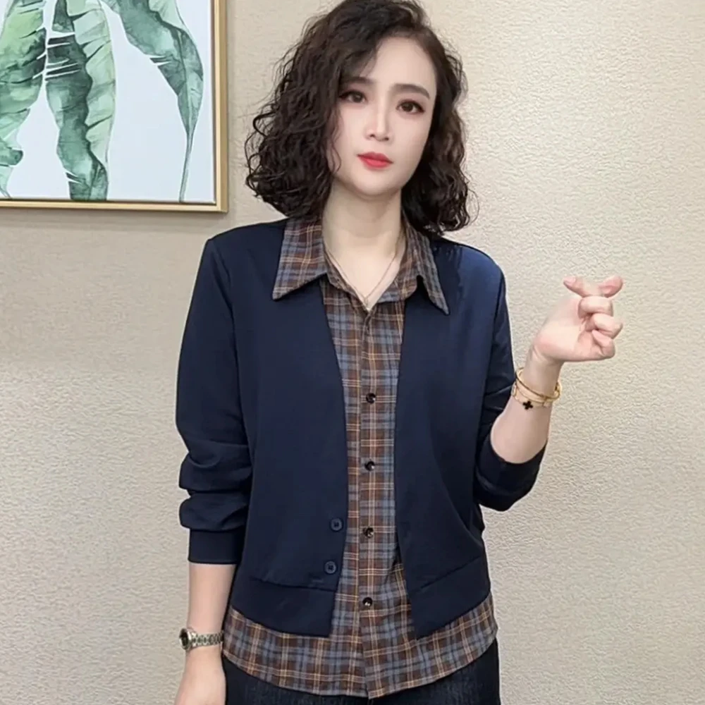 拉夏贝尔时尚衬衫女2025秋季新款洋气减龄显瘦翻领格子假两件上衣