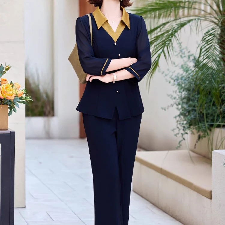 洋气翻领轻职风长袖小衫直筒百搭长裤套装A14587