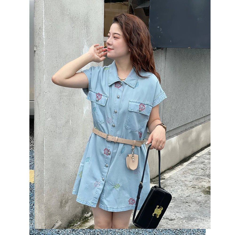 WenWen小个子2025夏季新款时尚韩系刺绣牛仔休闲显瘦连衣裙3967