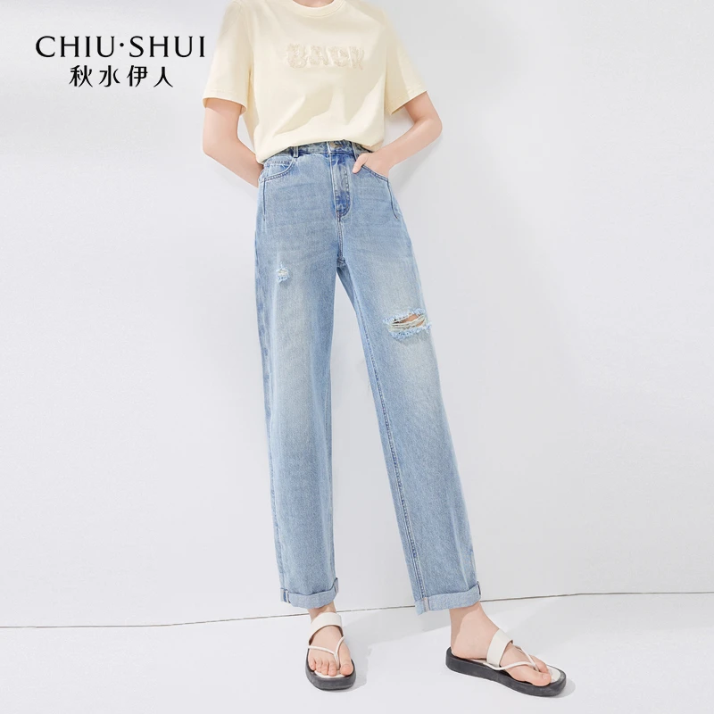 【小铃铛】秋水伊人时髦破洞牛仔裤女九分老爹裤624203D170381