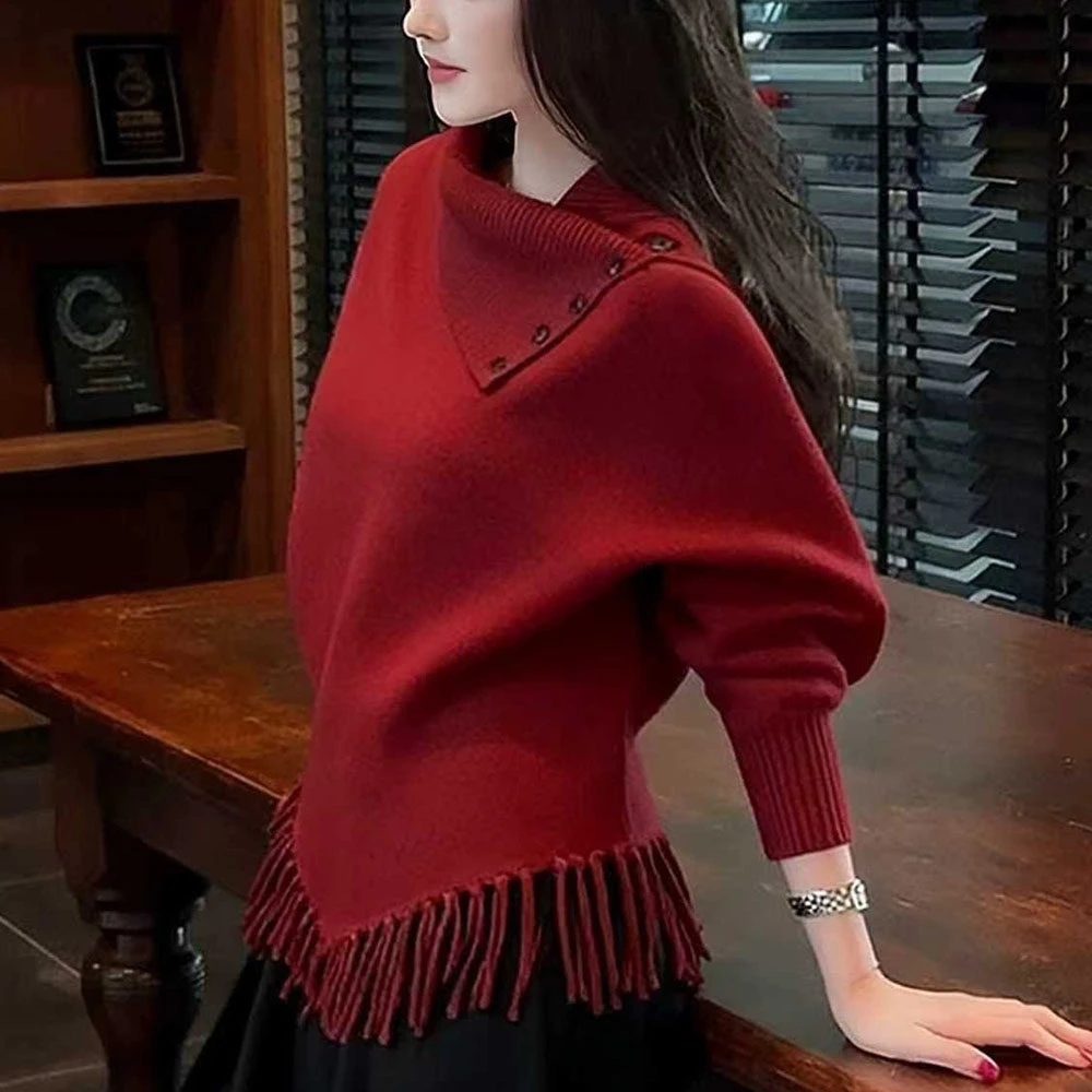 红色翻领毛衣女士秋冬慵懒高级感减龄宽松显瘦流苏设计针织衫上衣