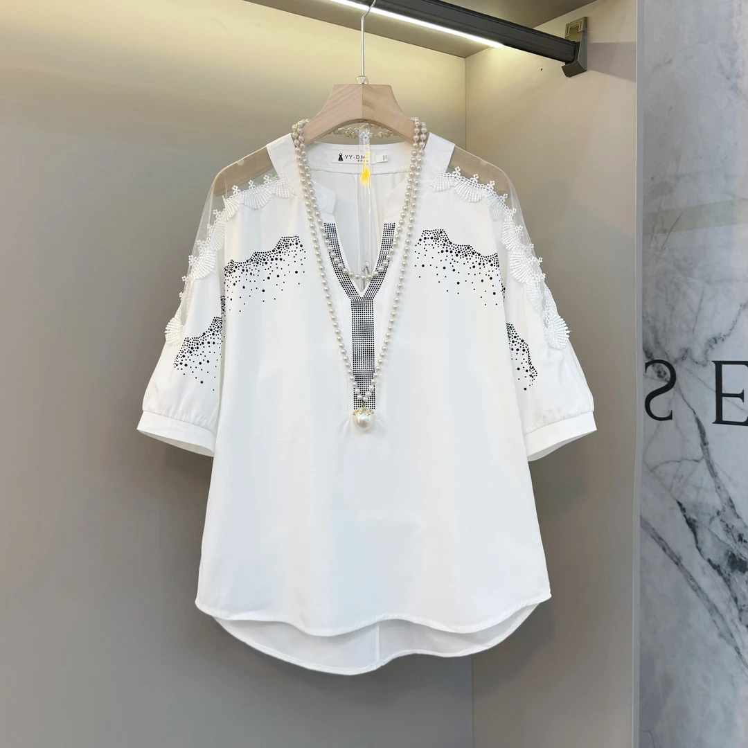 大码女装夏季新品甜美时尚韩版V领流苏烫钻工艺拼接蕾丝百搭半袖