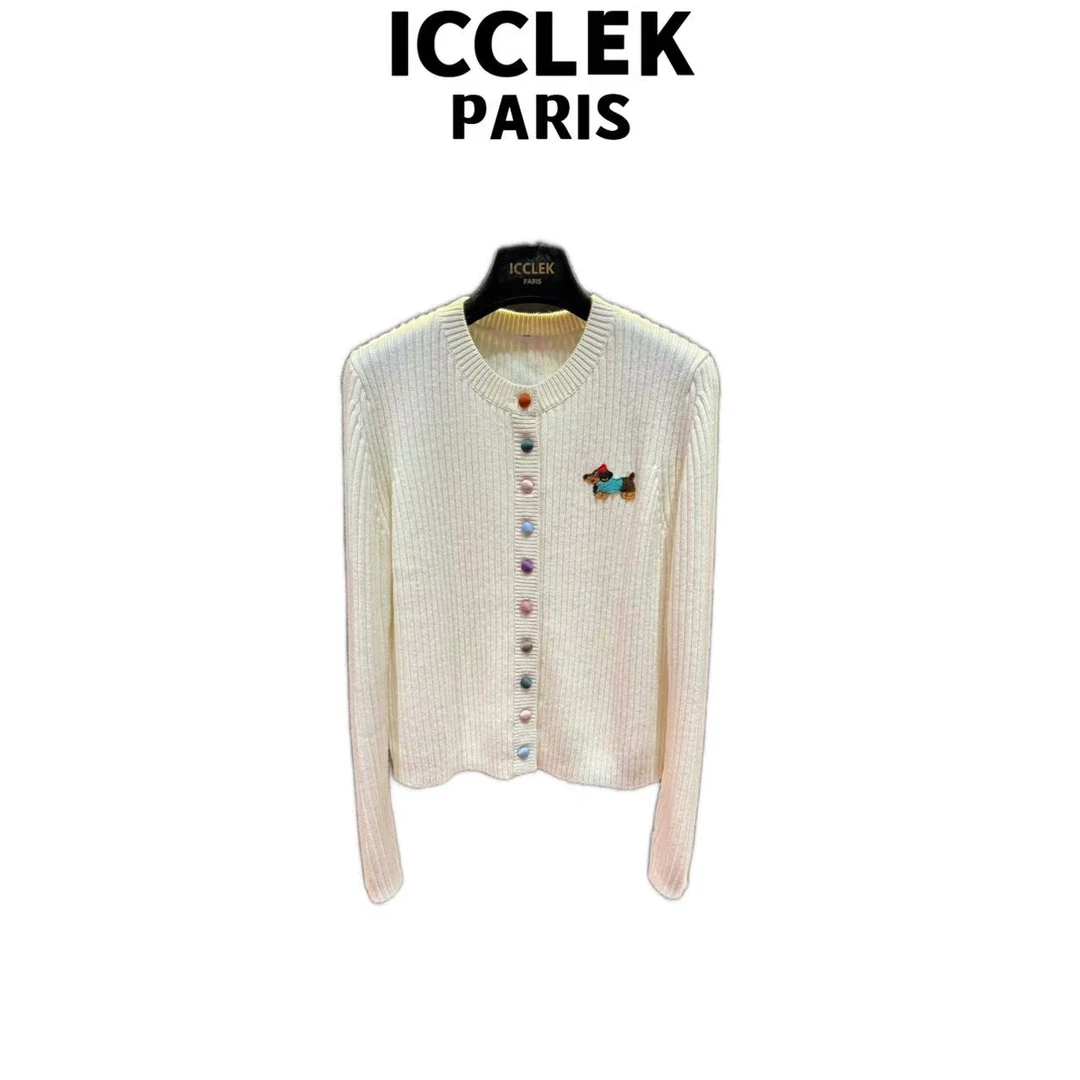 ICCLEK 早秋米白色小狗长袖针织衫气质轻奢名媛百搭显瘦外套-9023