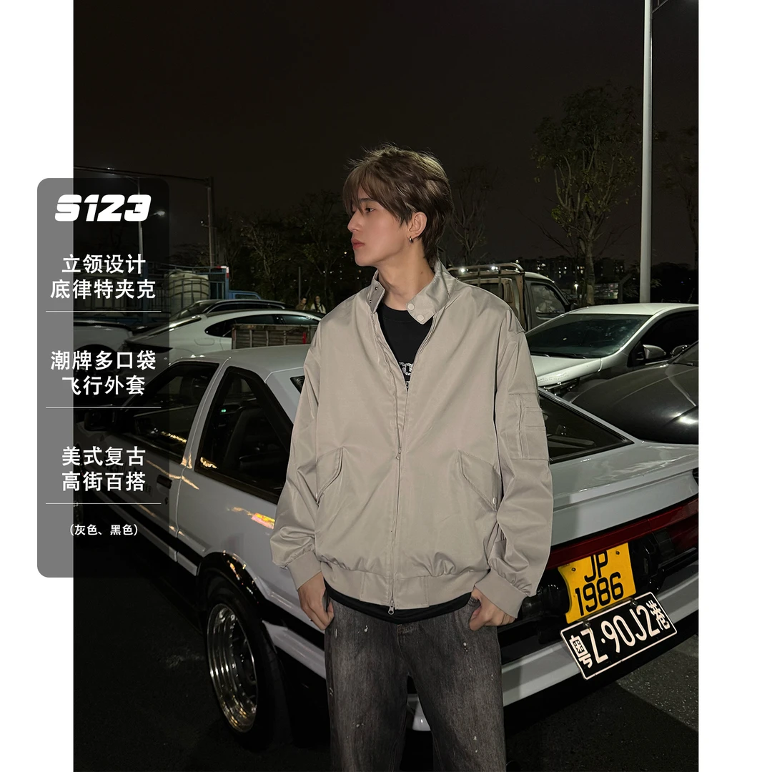 S123美式复古高街百搭立领夹克男设计底律特潮牌多口袋飞行外套