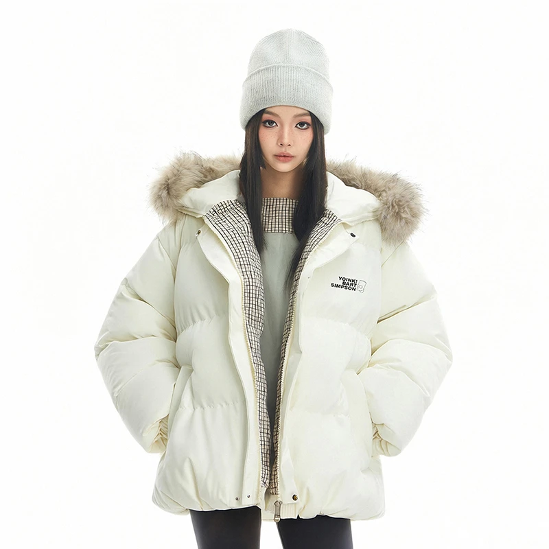 辛普森一家美式连帽毛领棉服冬季新款加厚保暖情侣面包服棉衣外套