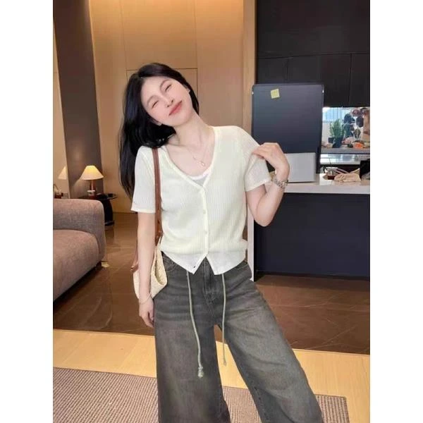 玲姐定制-v领假两件开衫夏季薄款带层内内衬短款短袖80523