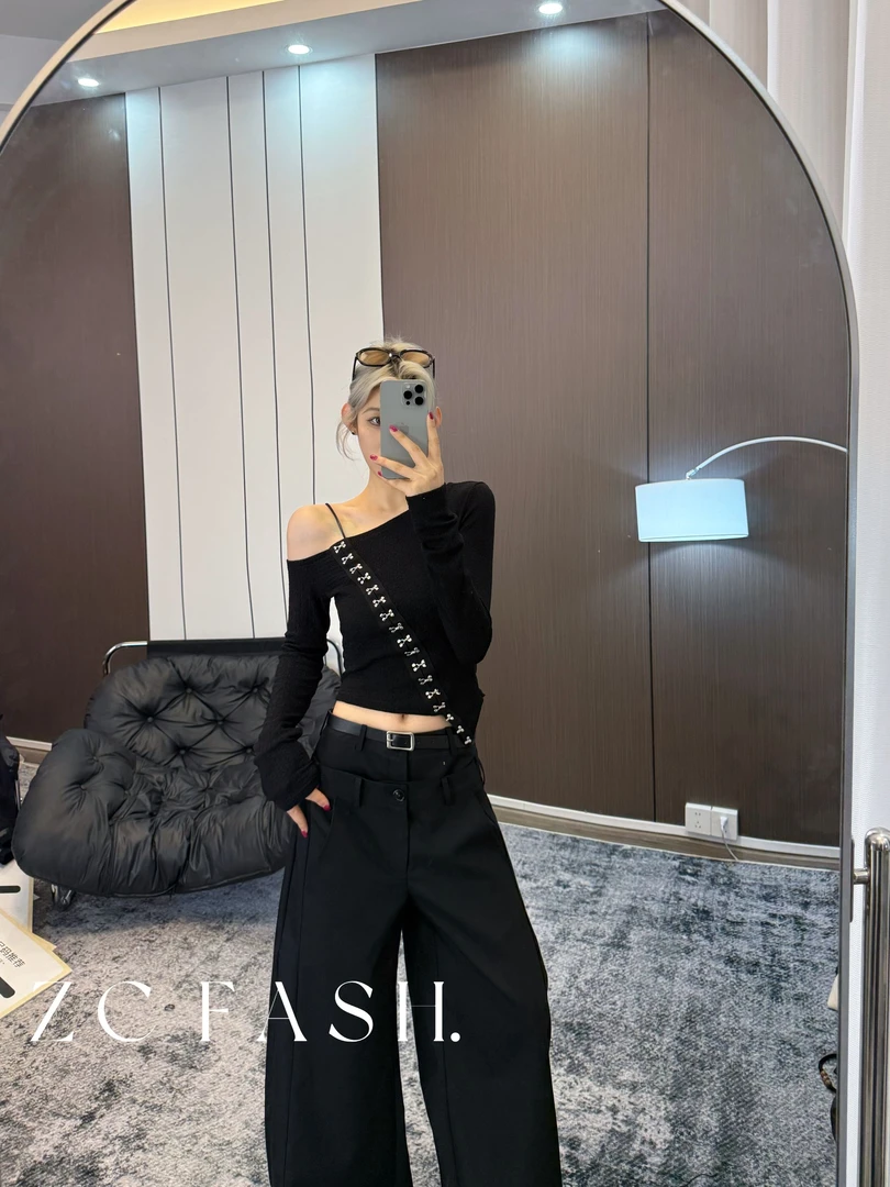 ZC-不规则长袖T恤鱼骨扣设计小众上衣-S146