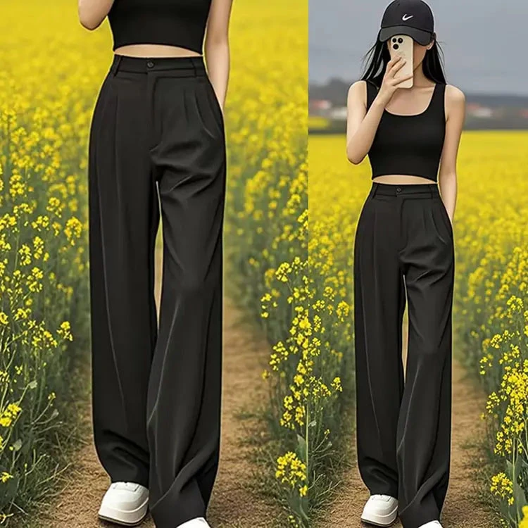 灰色阔腿裤子女爆款2025新款夏季高腰垂坠感窄版小个子黑色西装裤