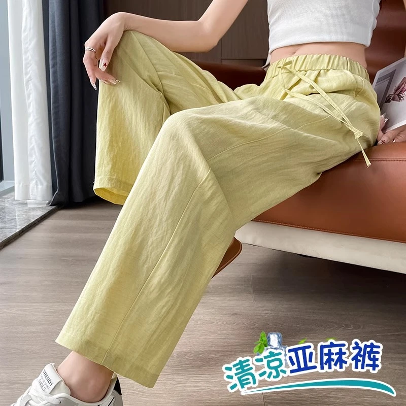 藏蓝色亚麻阔腿裤女夏季薄款2025新款高腰垂坠感九分直筒棉麻裤子