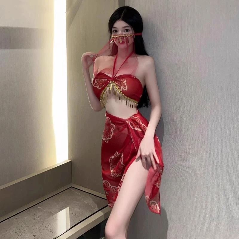 柠檬物语性感睡裙内衣旗袍高开叉诱套装敦煌古风制服红色中国风