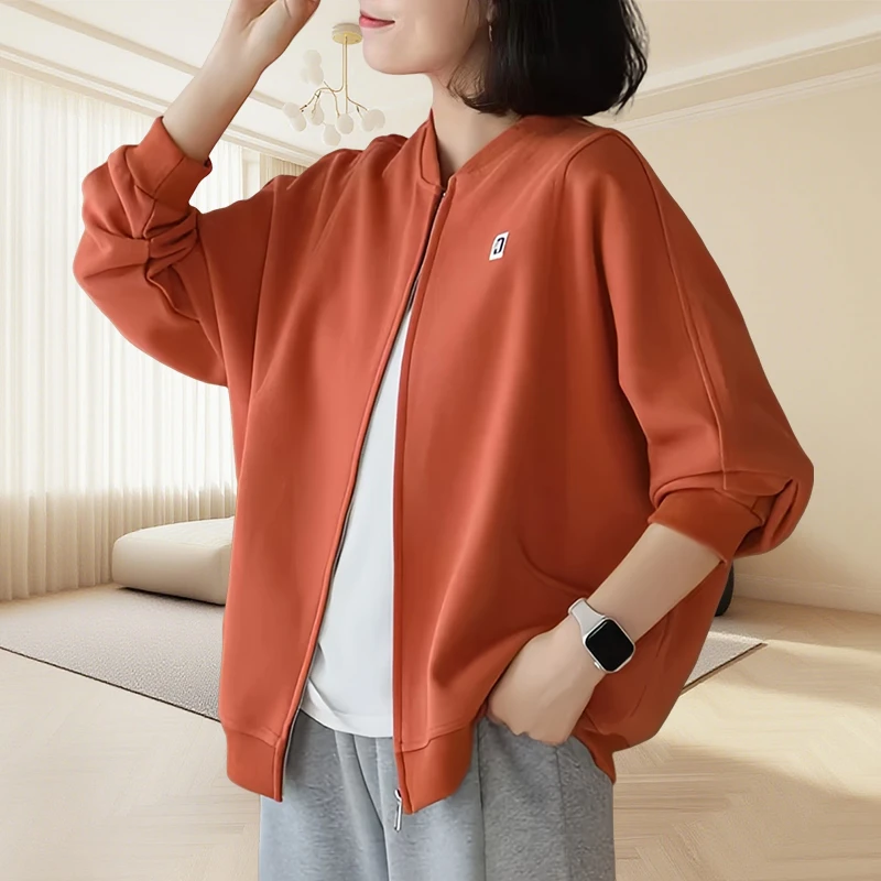 纯色棒球服女士短外套春秋季新款橘色长袖卫衣开衫外套夹克上衣女