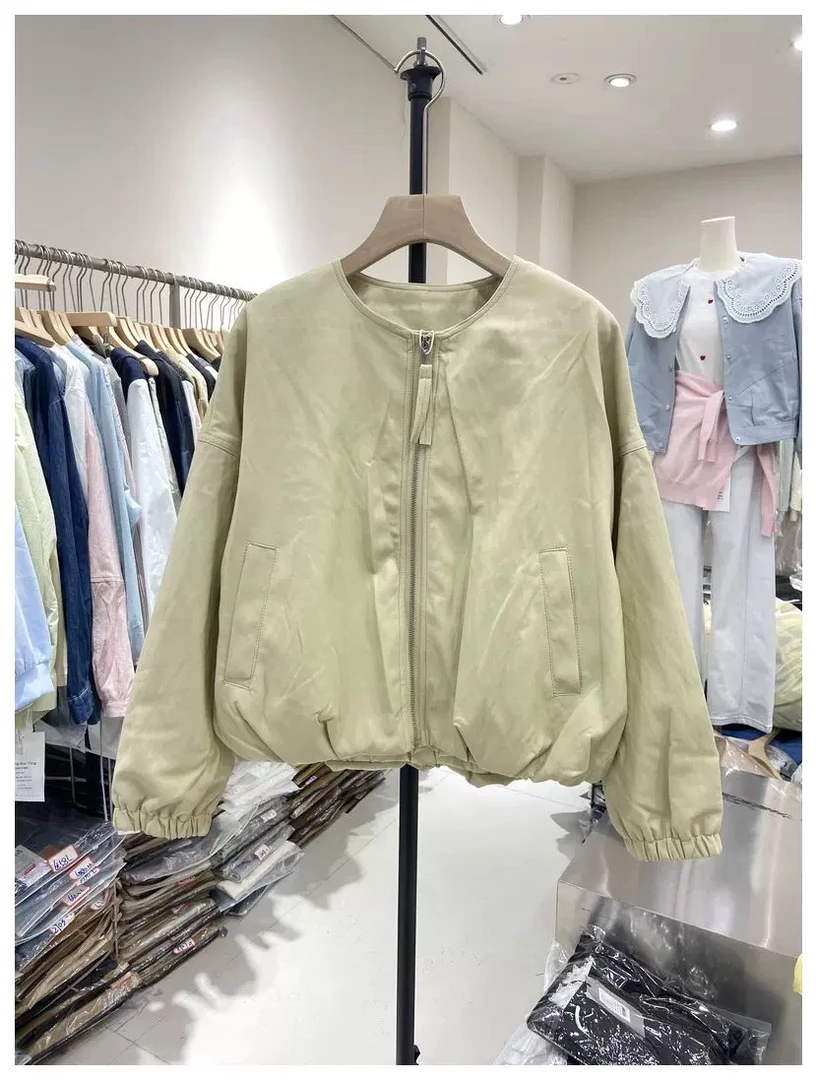 8517欧货圆领蛋白皮PU皮衣外套女春季新款短款宽松气质夹克上衣潮
