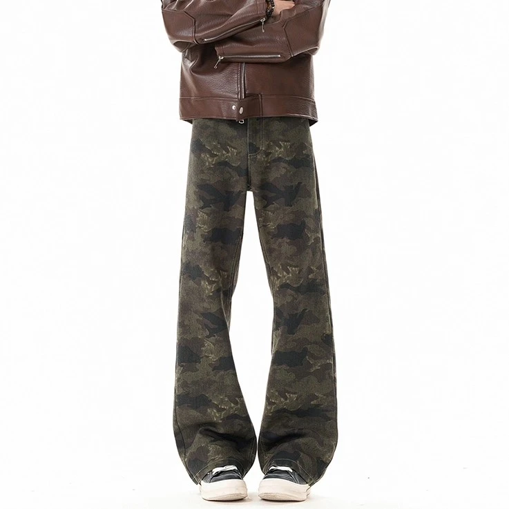 秋冬新款加绒加厚迷彩微喇牛仔裤长裤显高显瘦美式复古港风男士款