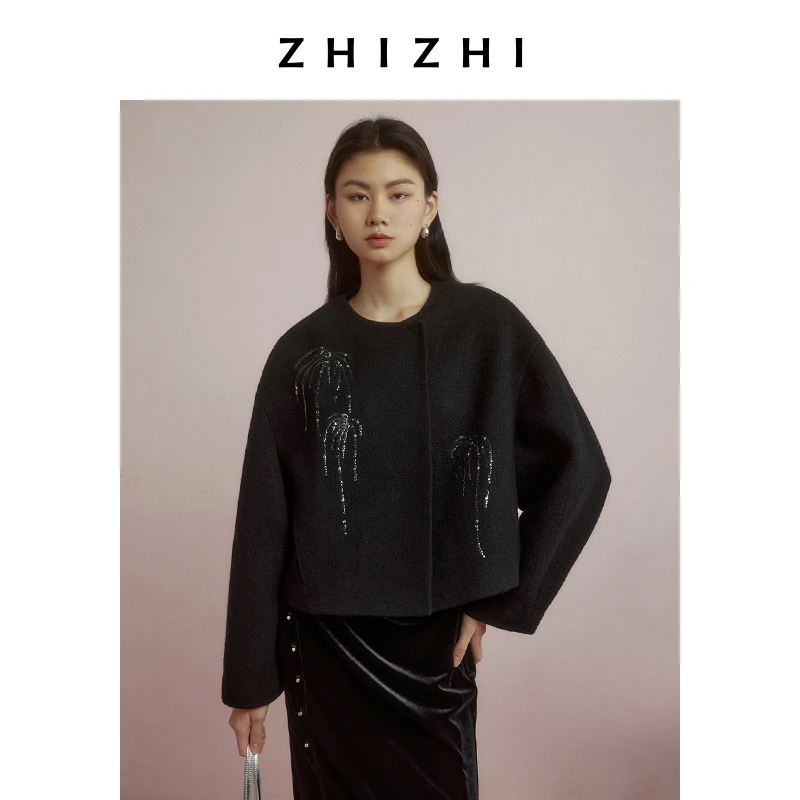 致知 羽中仙 烟片短款呢子大衣2024冬优雅圆领ZZ2DWWW1054