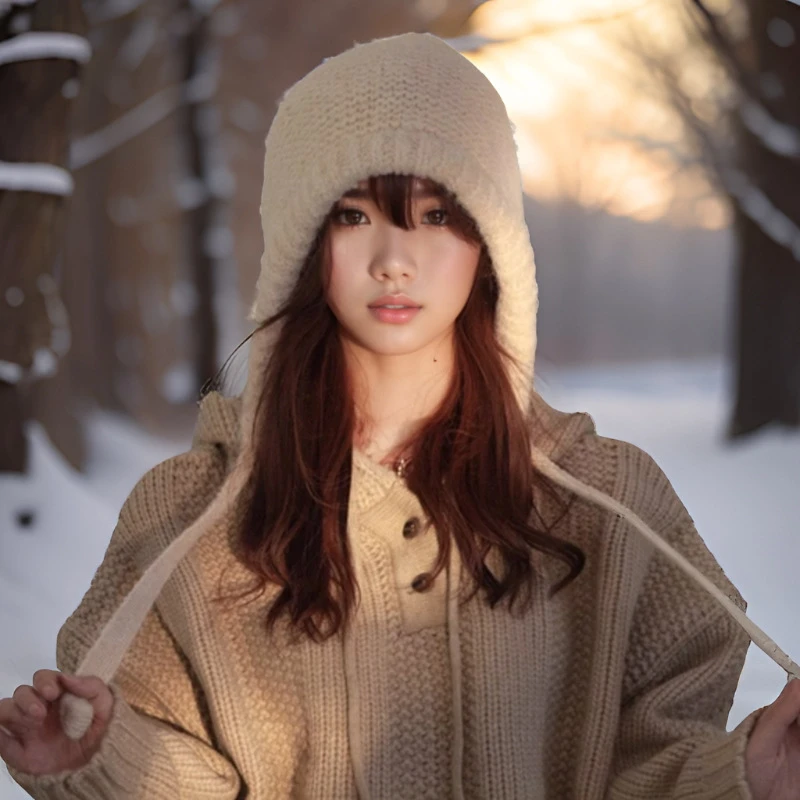 冬季韩版时尚包头帽女新款系带保暖针织帽高级防寒百搭护耳帽子潮